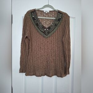 Embellished V-Neck Sweater - Brown